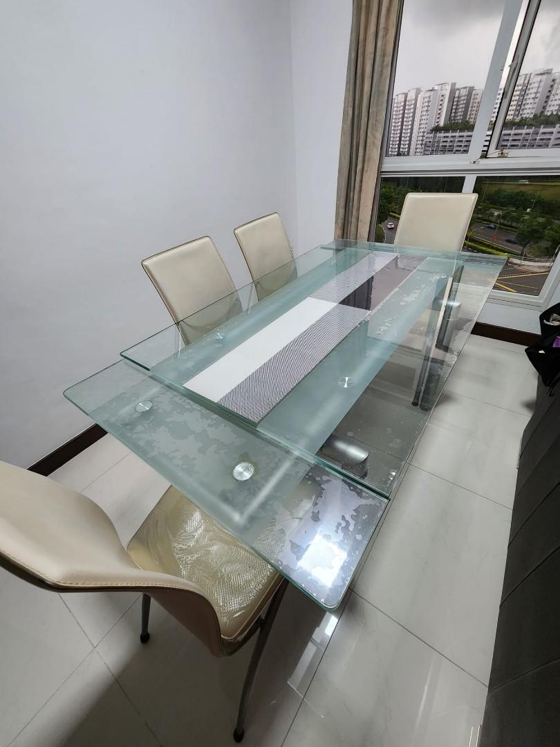 Tempered glass extendable dining table with chairs, Furniture & Home