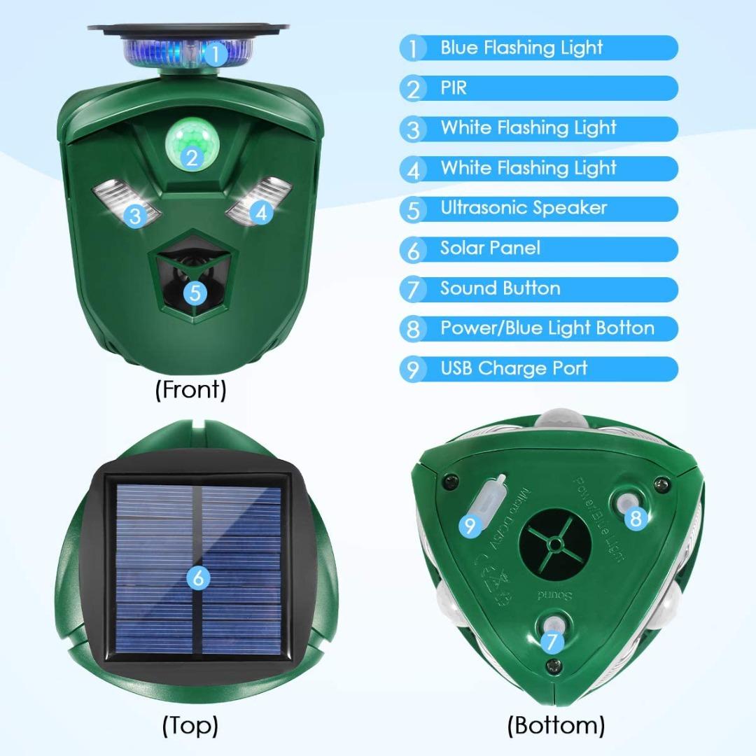 Ultrasonic Dog Repellent, Solar Powered Ultrasonic Animal Repeller, 360