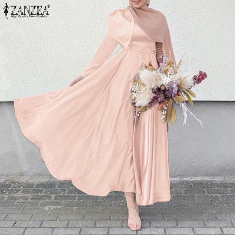 Women Fashion O Neck With Back Zipper Long Sleeve Satin Muslim Long Dress