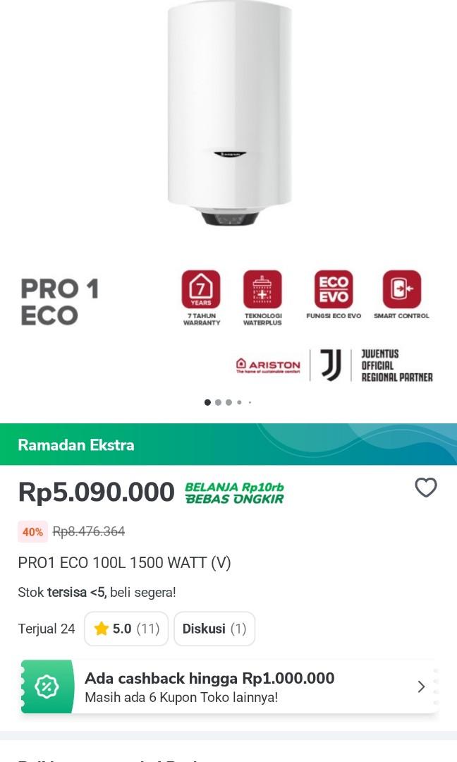 Ariston Water Heater Pro 1 Eco 100 Liter Made in Italy, Kitchen