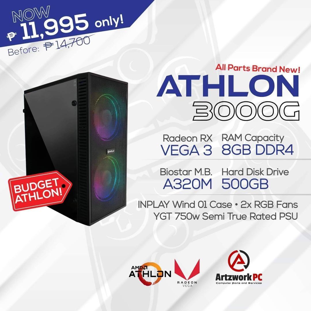 Athlon 3000g Budget & Standard System Unit (Category: Desktops) located in Caloocan City. Submitted by olxph_372337775 (Listing ID 1193621865, Image 1). Description: Athlon 3000g A320m Motherboard 8gb ddr4 500gb hdd Semi tr psu P 11,995 Athlon 3000g A320m Motherboard 8gb ddr4 120gb ssd 500gb hdd P 13,495.