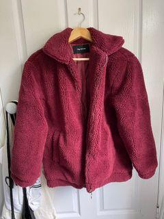 Burgundy red teddy fluffy jacket Small