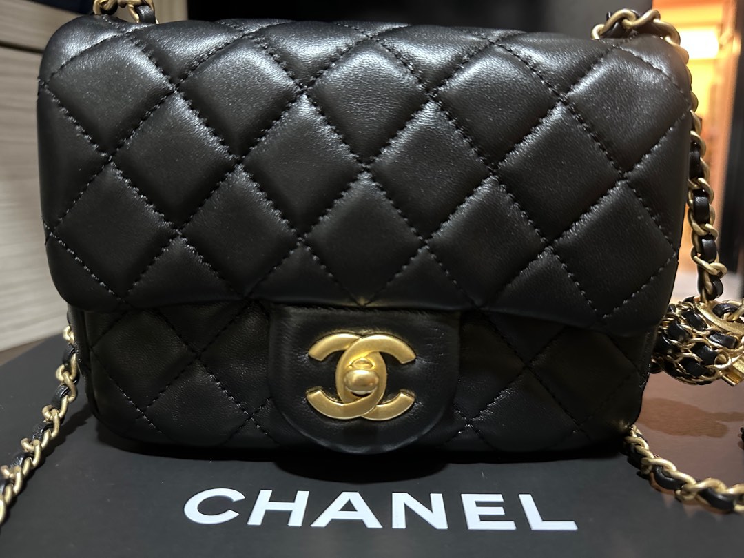 Chanel Pearl Crush Mini Square Flap Bag Black Lambskin Antique Gold Hardware,  Luxury, Bags & Wallets on Carousell