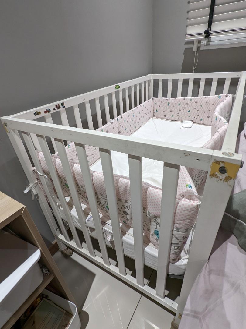 Mothercare white cot with bumper and waterproof bed, Babies & Kids