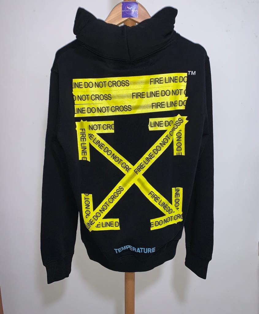 OFF WHITE FIRE TAPE BLACK HOODIE Men s Fashion Tops Sets