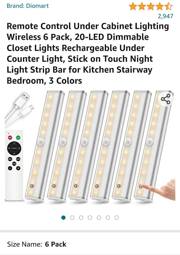 Remote Control Under Cabinet Lighting Wireless 6 Pack, 20-LED Dimmable  Closet Lights Rechargeable Under Counter Light, Stick on Touch Night Light