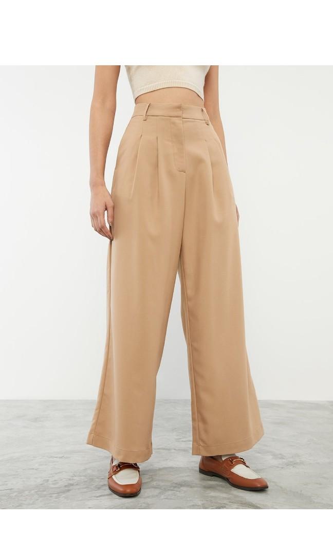 Semi-Pleated Wide Leg Pants - Blue - Pomelo Fashion