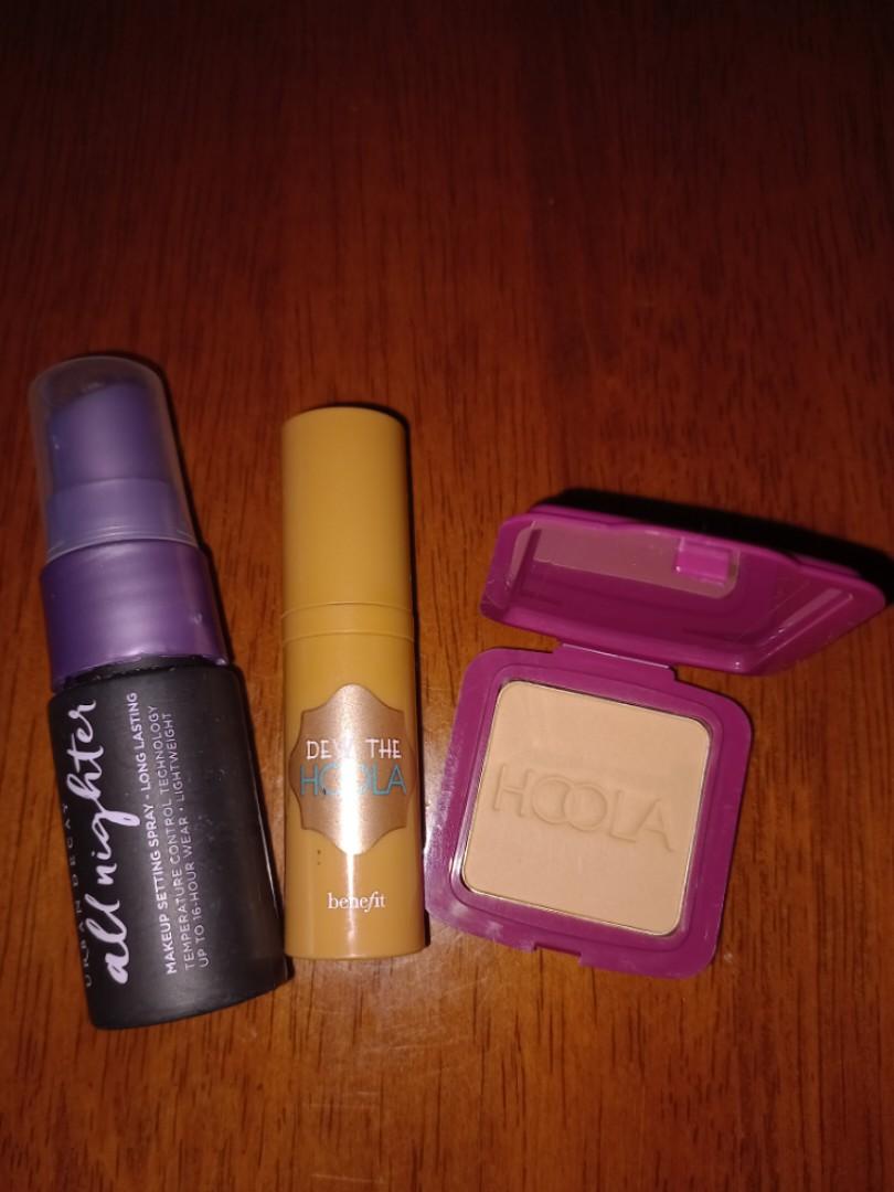 Urban decay and benefit make up (Category: Makeup) located in Manila. Submitted by pear_l (Listing ID 1193618709, Image 1). Description: For sale. RFS: Decluttering All brand new but no box. Expiration starts once used. Take all for Php 950 only. Individual price is Php 400. 1. Hoola benefit bronzer (nagfade lang ung logo sa harap but never been used) 2. Urban decay all nighter long lasting make-up spray (15ml) 3. Benefit soft matte liquid bronze