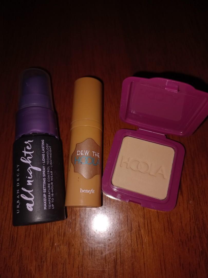 Urban decay and benefit make up (Category: Makeup) located in Manila. Submitted by pear_l (Listing ID 1193618709, Image 3). Description: For sale. RFS: Decluttering All brand new but no box. Expiration starts once used. Take all for Php 950 only. Individual price is Php 400. 1. Hoola benefit bronzer (nagfade lang ung logo sa harap but never been used) 2. Urban decay all nighter long lasting make-up spray (15ml) 3. Benefit soft matte liquid bronze
