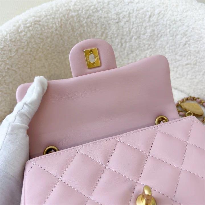 Chanel 22B Mini Flap Bag with Heart Charms in Pink Lambskin and