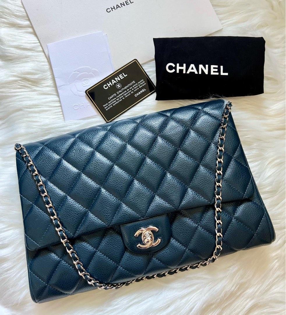 Chanel Blue Caviar Timeless Clutch with Chain Silver Hardware