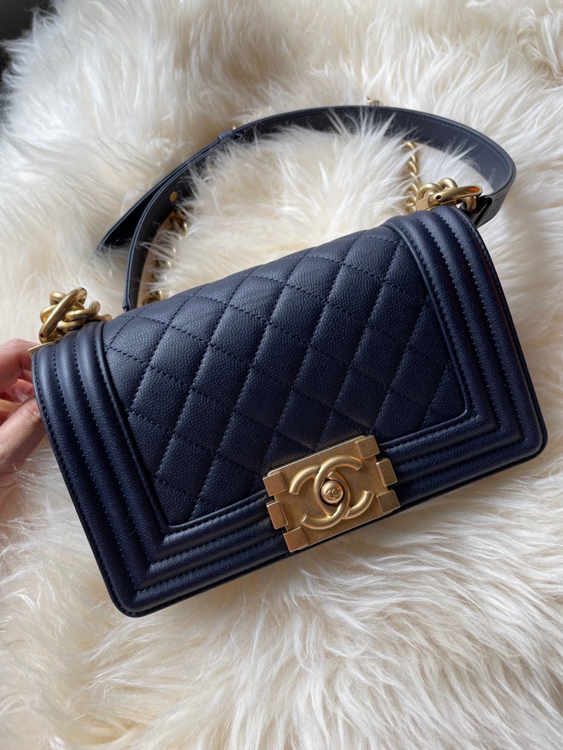 Chanel boy bag in small, midnight blue, Luxury, Bags & Wallets on Carousell