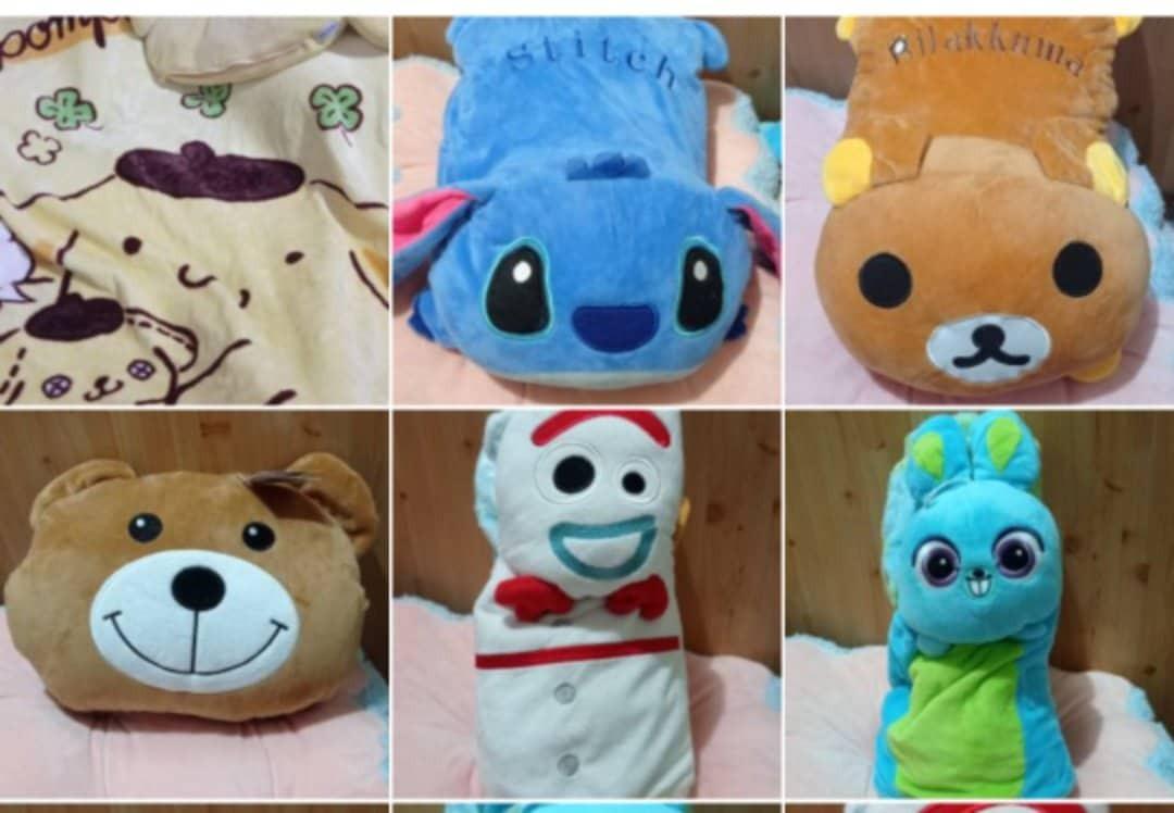 Character Pillow Blankets (Category: Bed Guards) located in Las Pinas. Submitted by rdcgutierrez (Listing ID 1193941210, Image 1). Description: Character Pillow Blankets Pompompurin /original Sanrio- single XXXXXXSOLDXXXXXXXXXX Forky / original Toys story - for toddlers - SOLD Lansay / original Toy story - for toddlers only - 350.00 Bear pillow blanket 3in1 (pillow/handwarmer/blanket) with paper tag - 350.00 Stitch Bootleg - single - sold Rila bo