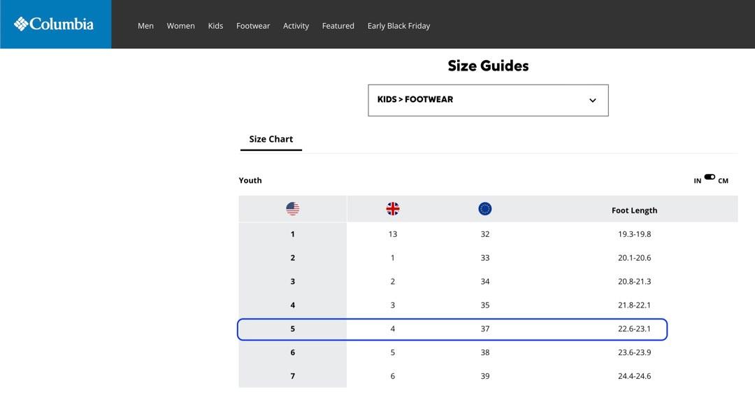 Columbia youth shoes size chart deals