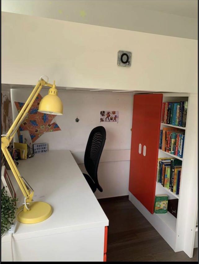 Ikea loft bed with desk, drawers, shelves and closet., 傢俬＆家居, 傢俬, 床架及床褥