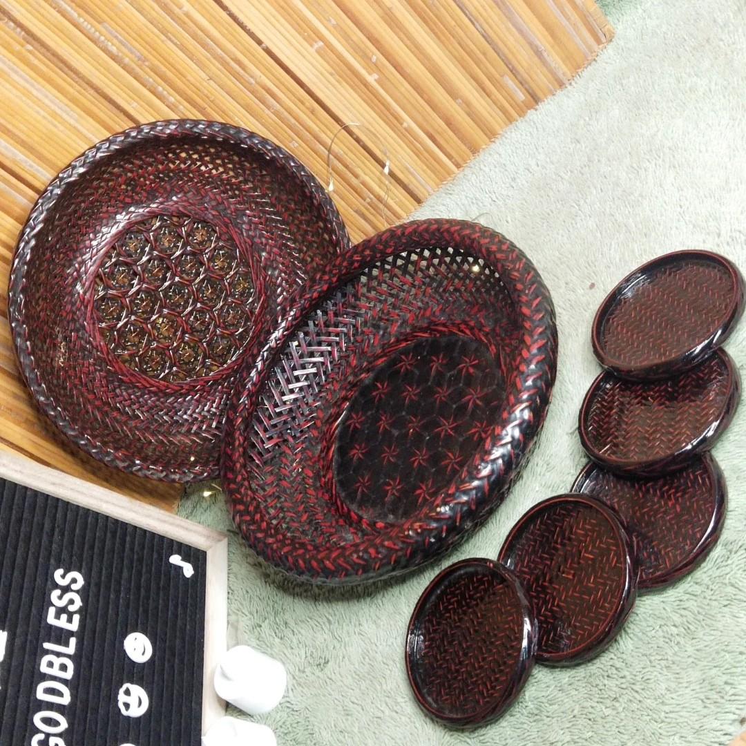 Rattan Fruit Trays and Coasters Bundle (Category: Other Kitchenware & Tableware) located in Malolos. Submitted by jestrelita (Listing ID 1193942389, Image 2). Description: Rattan Fruit Trays and Coasters Bundle P320 all - as serving tray, fruit trays, and native coaster - heavy duty, painted with red barnish, and hard rattan trays and coaster - good condition 👍💯👍💯👍💯👍.