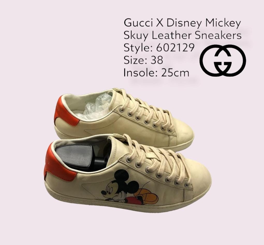 Sepatu Gucci X Disney Mickey skuy Leather Sneakers 602129 Size 38, Fesyen  Wanita, Sepatu di Carousell