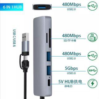 USB C Hub 5-in-1 Dual Head Type C/USB A Docking Station PD 5V Fast Charging Adapter Supports SD/TF Reading