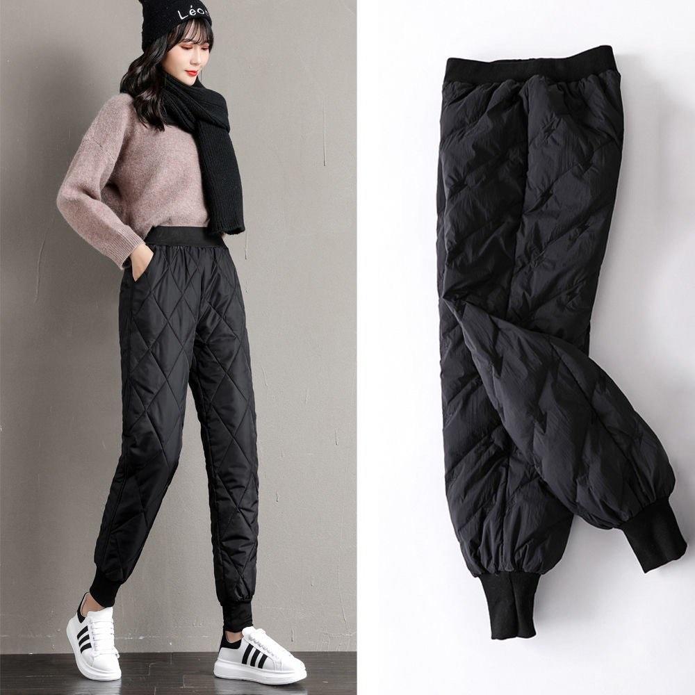 Women Winter Warm Down Cotton Pants Padded Quilted Trousers Elastic Waist
