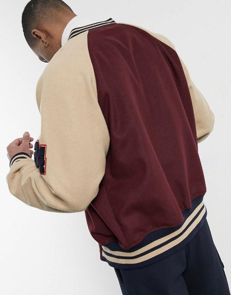 ASOS DESIGN oversized Harrington varsity jacket in mustard with badging