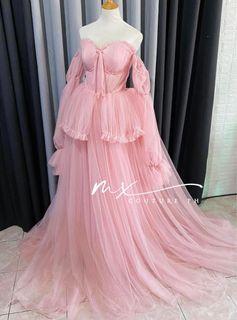 Baby Pink Pastel Ethereal Fairy Formal Princess Off-Shoulder Mesh Ball Prom Birthday Debut Dress Gown