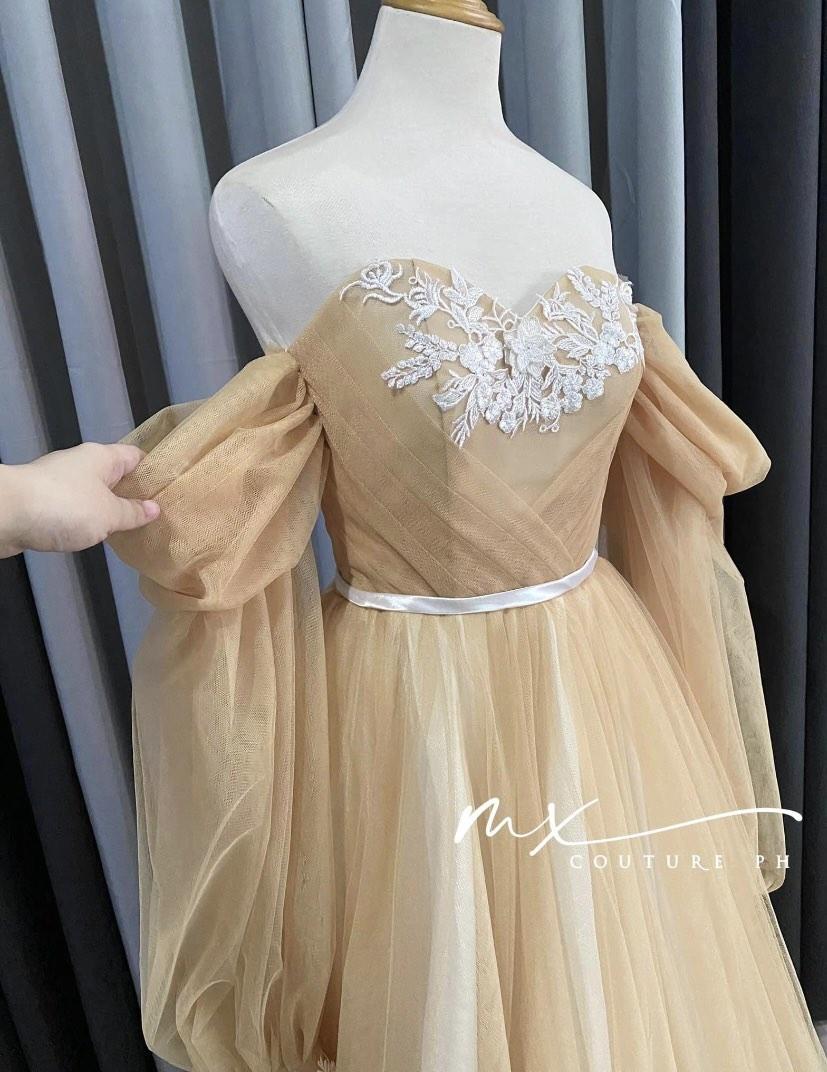 Beige Mocha Brown Lace Tulle Mesh Ethereal Princess Fairy Formal Prom Birthday Debut Ball Gown