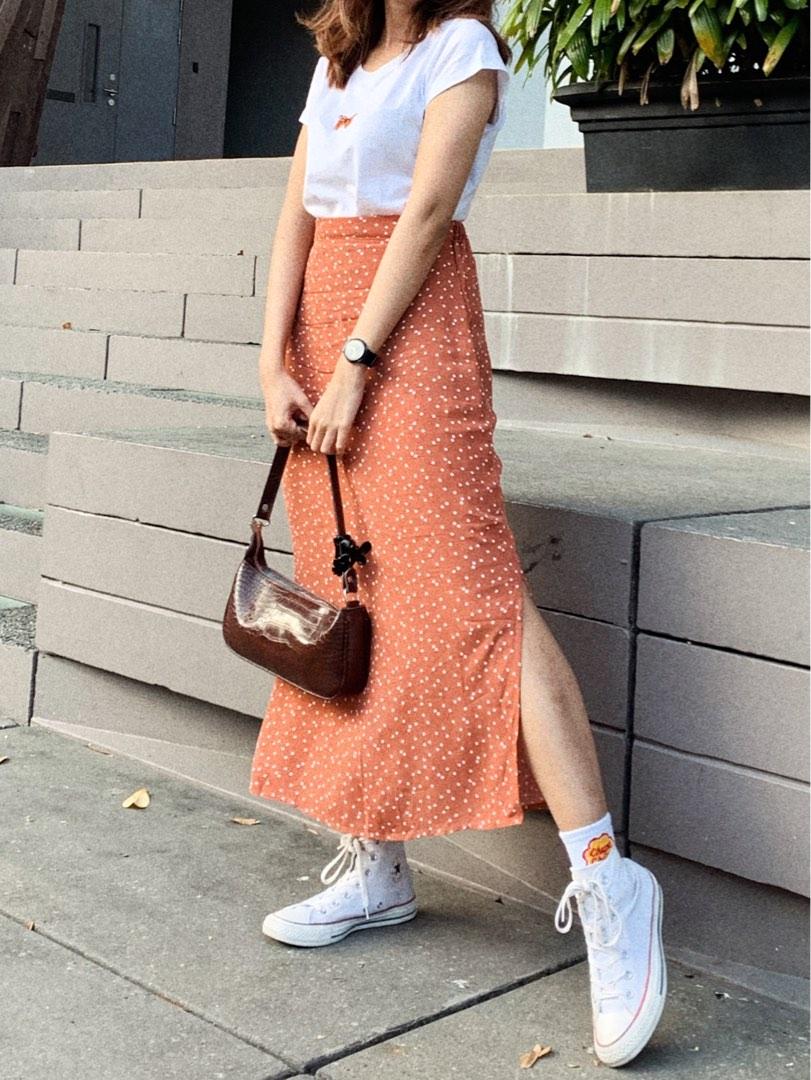 cotton on orange polka dot midi skirt