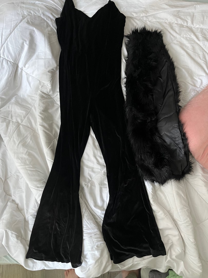 F21 Black Jumpsuit w/ faux fur, Women's Fashion, Dresses & Sets ...