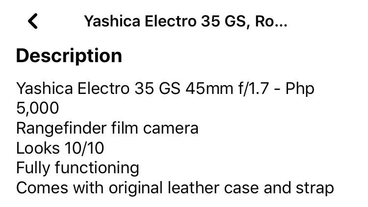 Yashica Electro 35 Film Camera (Category: Cameras) located in San Roque. Submitted by ibrakefordogs (Listing ID 1177976566, Image 2). Description: Bought secondhand (fb marketplace) at August 2020 Comes with a leather case Looks and cosmetics 10/10 Fully functioning according to seller No battery Never used it myself, nakastock langg.