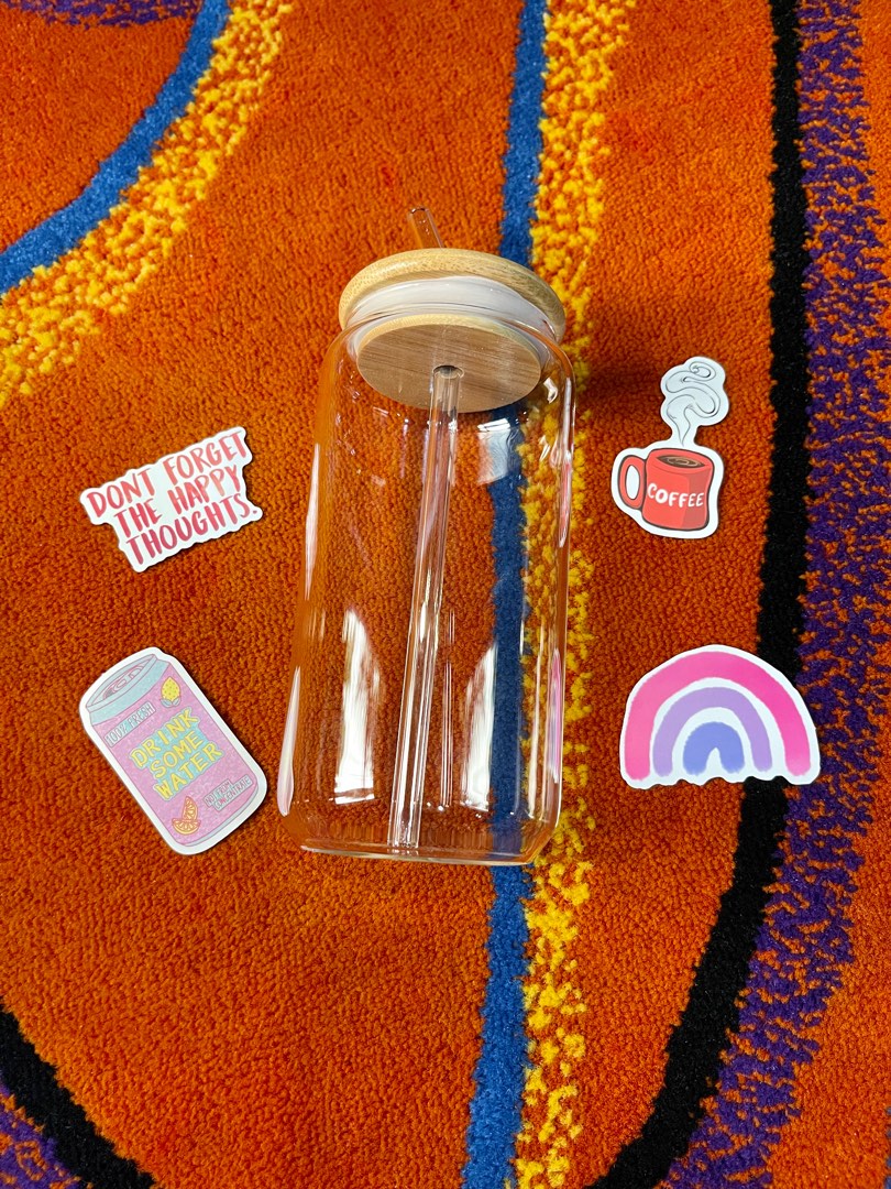 Glass with bamboo lid and glass straw, Furniture & Home Living