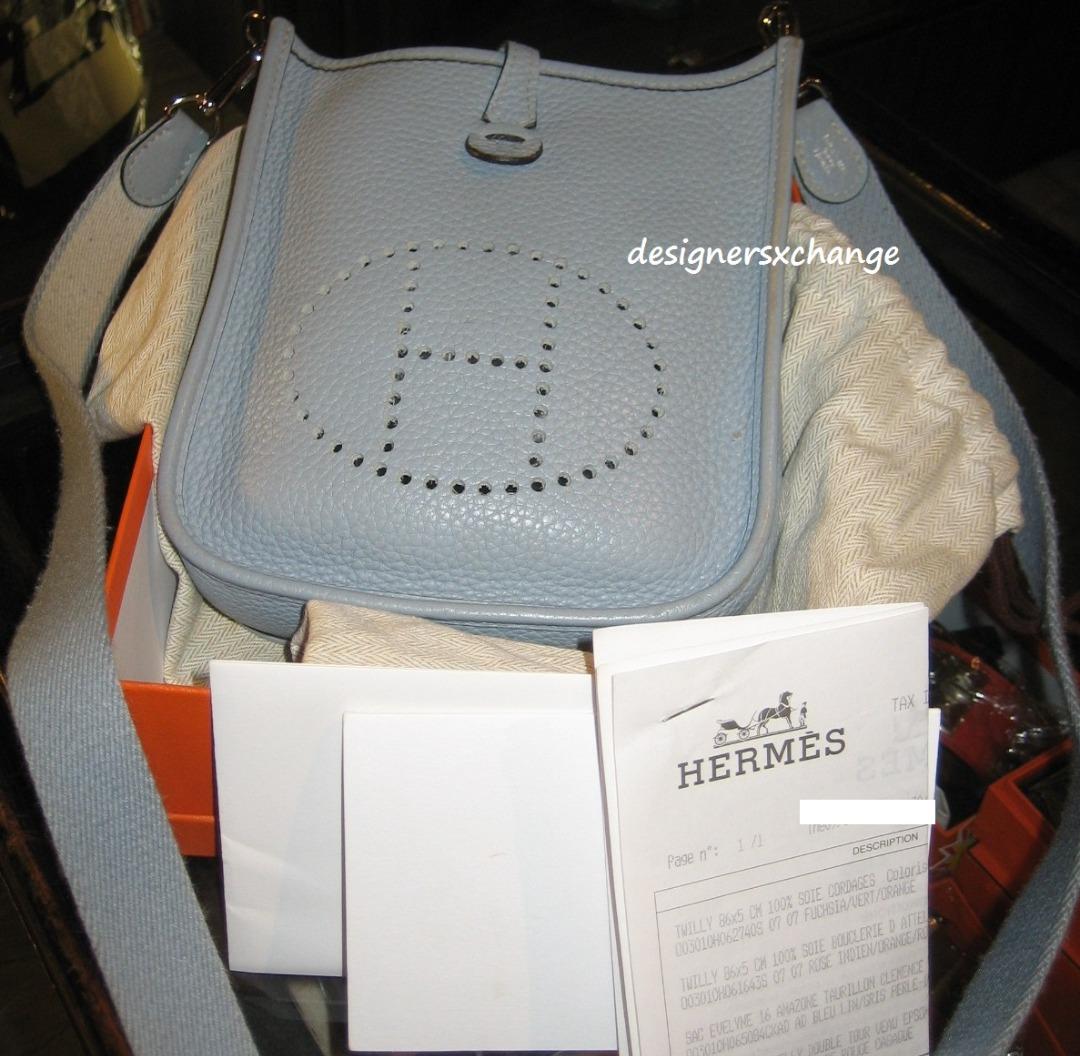 100% Authentic Hermes Mini Evelyne TPM Blue Lin Clemence Leather