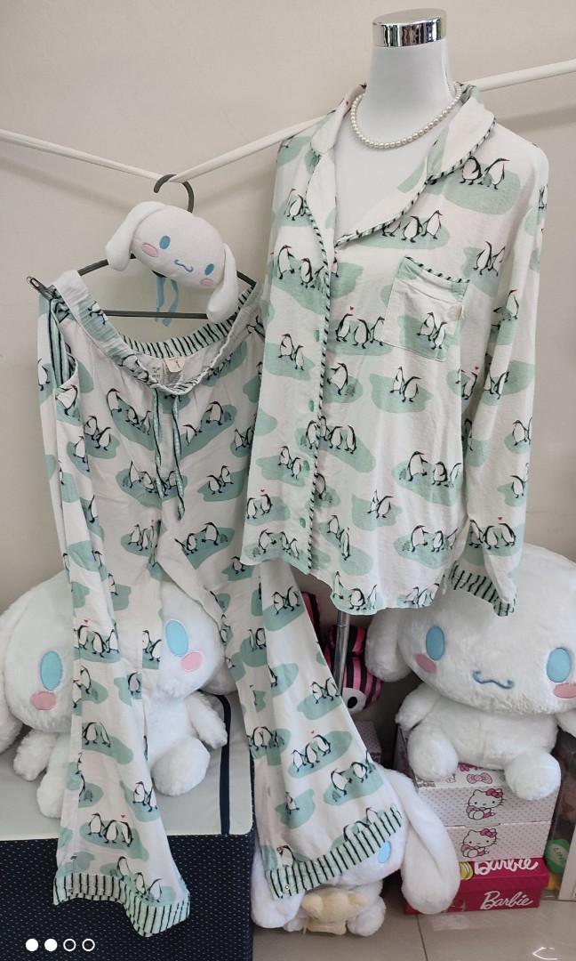 Munki Munki Pyjama True Set Kain Gebu Lembut Penguin White Turquoise Cartoon Pattern Striped Loungewear Sleepwear