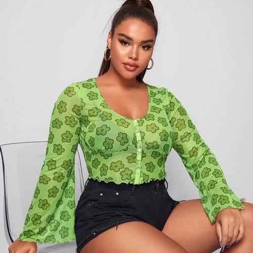 shein green mesh floral top (Category: Longsleeves) located in Quezon City. Submitted by bananaqueue (Listing ID 1187301246, Image 2). Description: - size: small - bought from ig shop - never wore this out - MOP: Gcash, PayPal, or Shopee Checkout (increment of ₱10 for sco) - shipping thru grab delivery or ninjavan if not checking out with shopee.