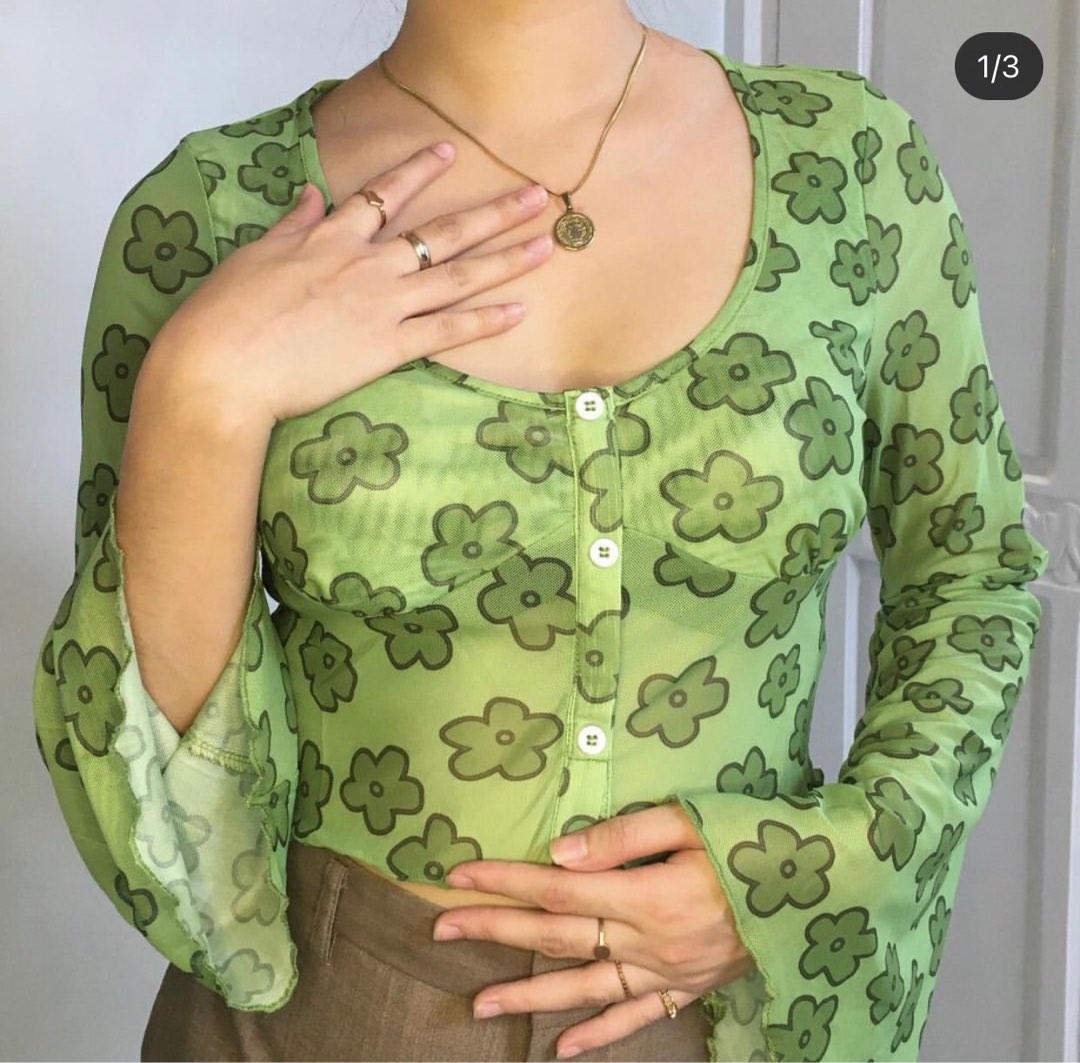 shein green mesh floral top (Category: Longsleeves) located in Quezon City. Submitted by bananaqueue (Listing ID 1187301246, Image 1). Description: - size: small - bought from ig shop - never wore this out - MOP: Gcash, PayPal, or Shopee Checkout (increment of ₱10 for sco) - shipping thru grab delivery or ninjavan if not checking out with shopee.