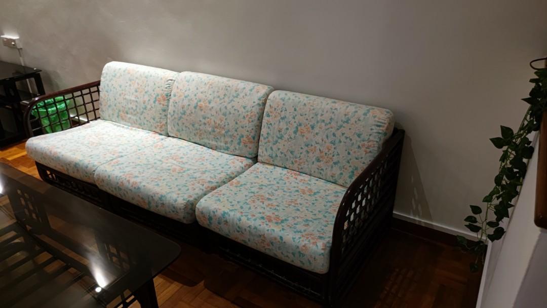 Vintage rattan sofa and coffee table set, Furniture & Home Living