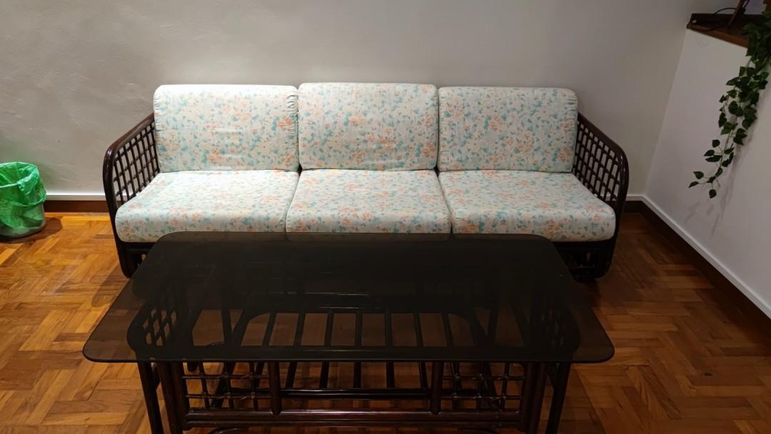 Vintage rattan sofa and coffee table set, Furniture & Home Living