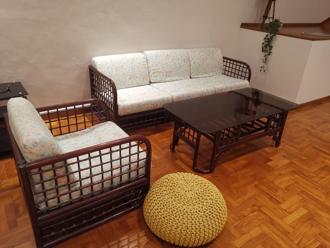 Vintage rattan sofa and coffee table set, Furniture & Home Living