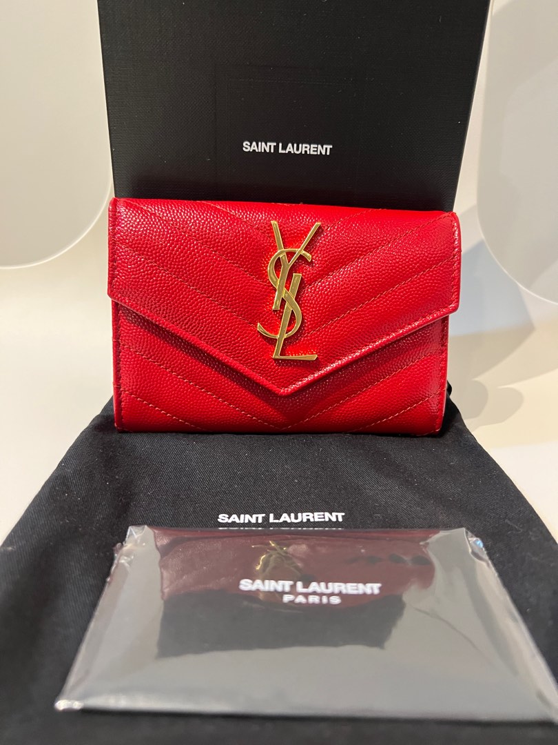YSL wallet in red grained leather, Women's Fashion, Bags & Wallets