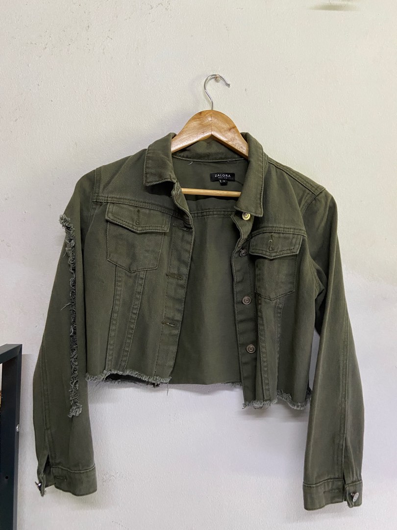 ZALORA Denim Jacket Army Green Cropped Distressed Style
