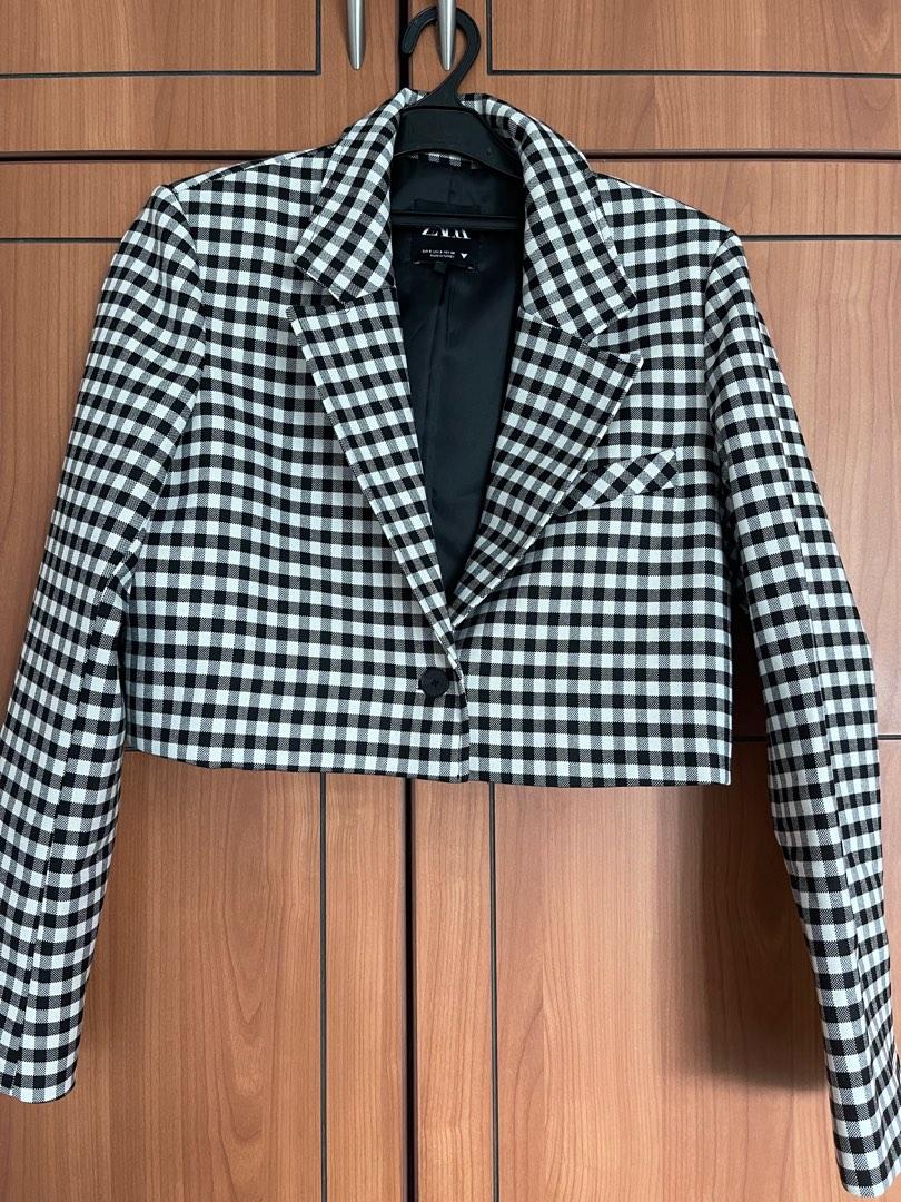 Zara Gingham Cropped Blazer black and white
