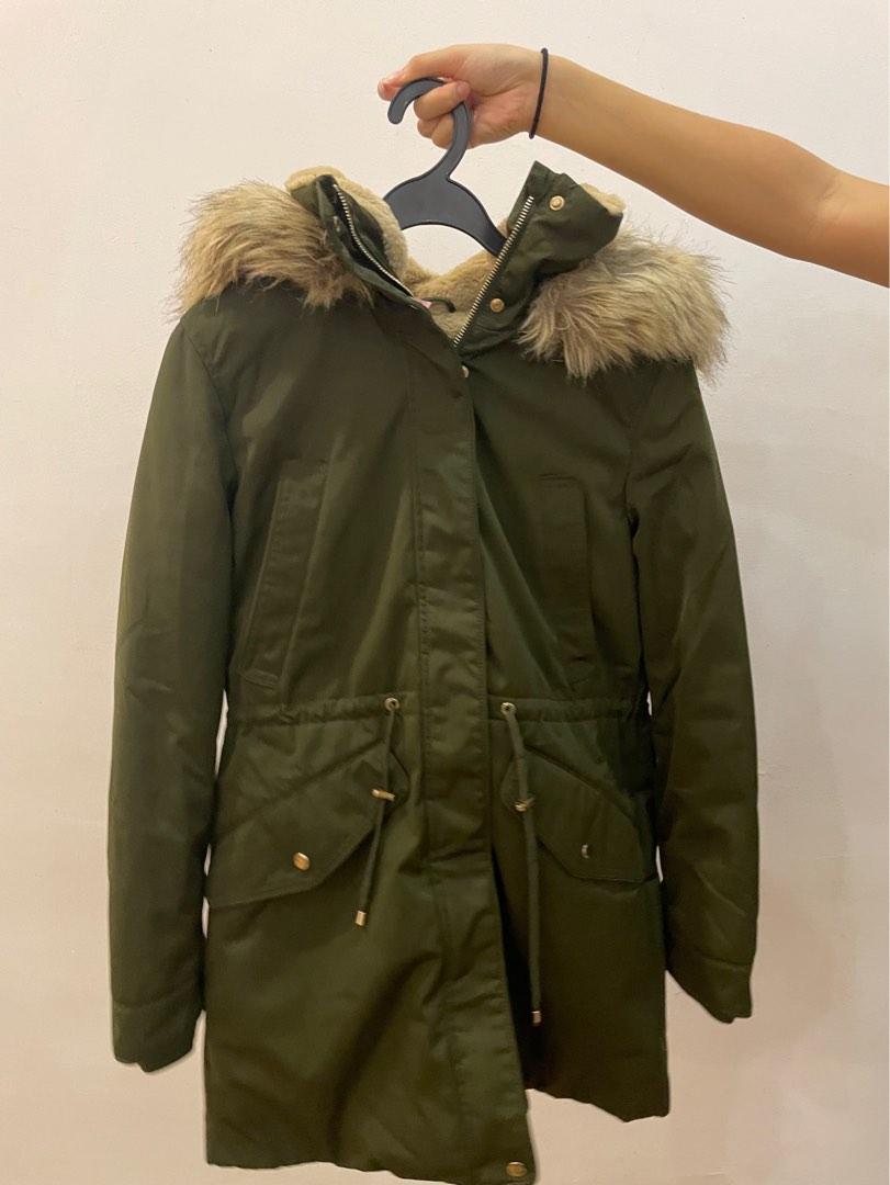 ZARA TRF Women s Green Winter Jacket with Hood and Fur Lining