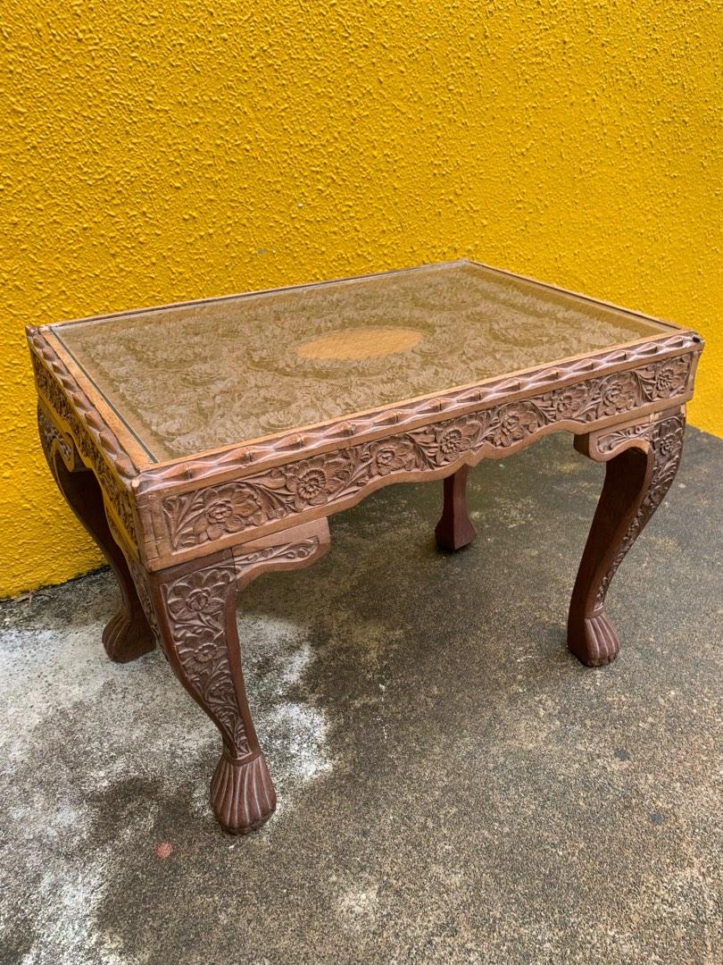 Antique Woodmen Craft Side Table with glass top, Hobbies & Toys