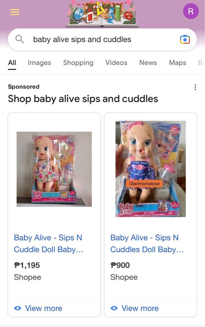 Baby Alive Sip N Cuddle (Category: Kids Toys) located in Quezon City. Submitted by shopaholic_rach (Listing ID 1188810747, Image 2). Description: Preloved but in good condition. We never played it with water MOP BDO/GCash Buyer shoulders shipping fee Shipping via Grab/Lalamove Ships from QC.