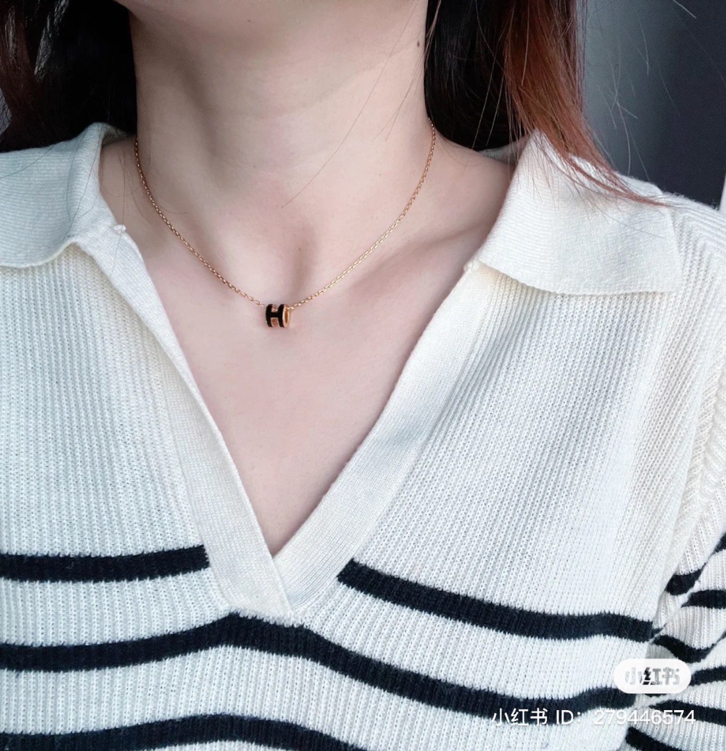 Brand new in box Hermes Pop H Mini Necklace in Noir RGHW Luxury