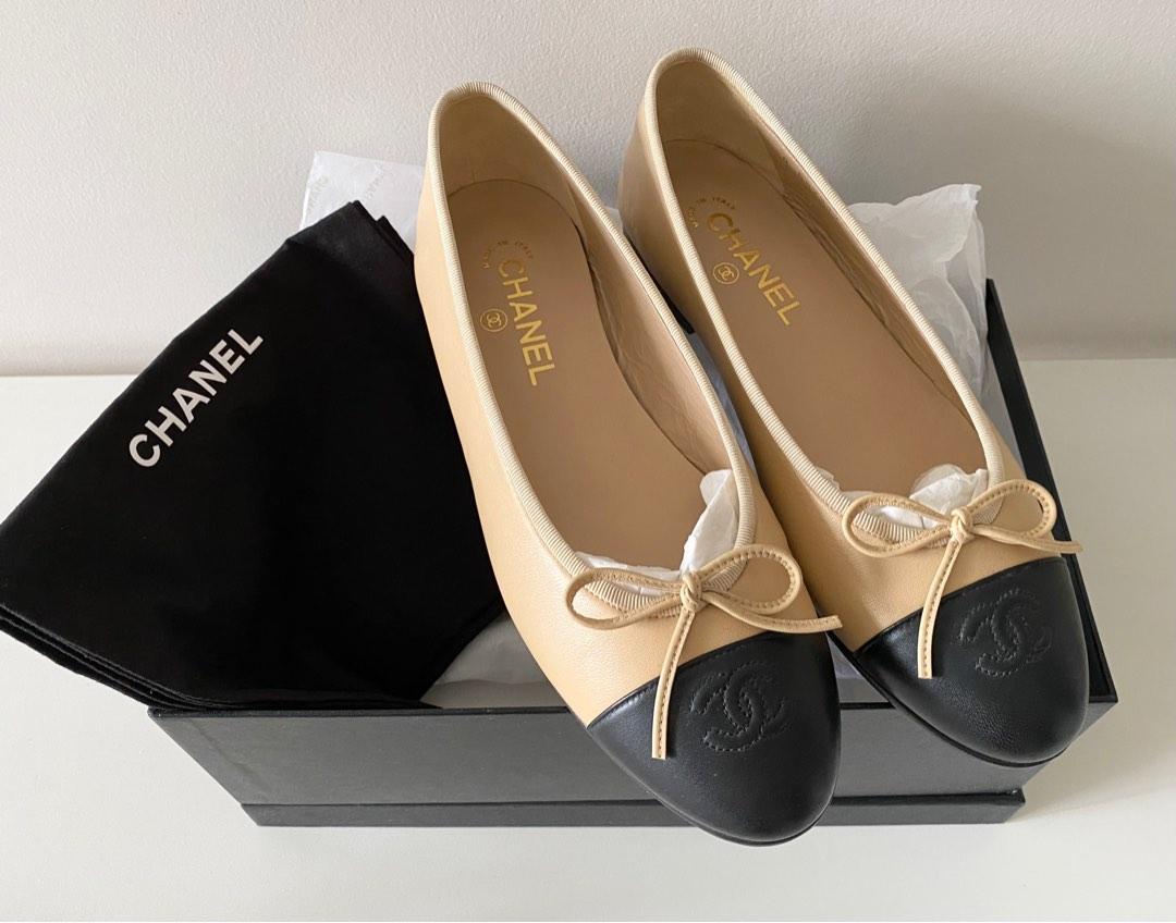 Authentic Chanel Leather Quilted 'CC' Ligne Cambon Ballet Flats, luckyscloset