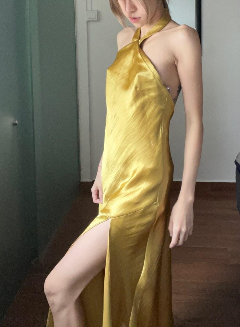 gold satin dress asos Rent Asos Design Off Shoulder Bardot Tuck Midi Dress In Satin Gold