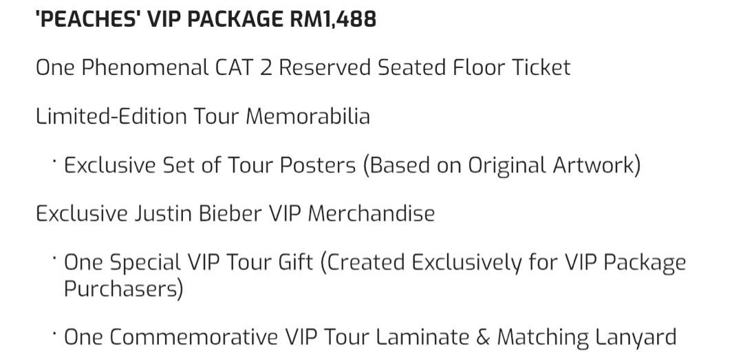 Justin Bieber Peaches VIP Package Ticket, Tickets & Vouchers, Event