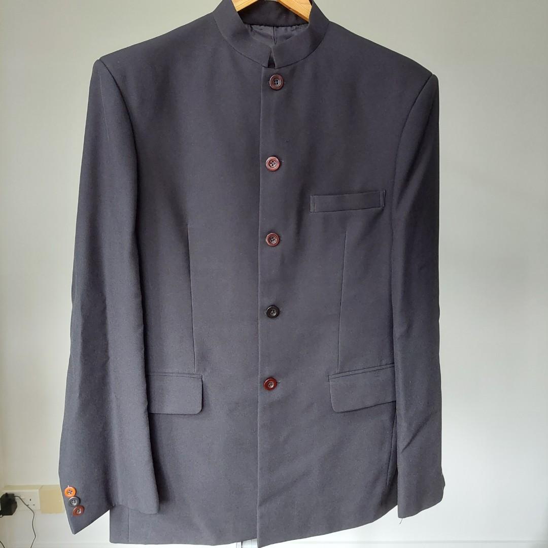 Mandarin collar suit and pants set black Men s Fashion Coats