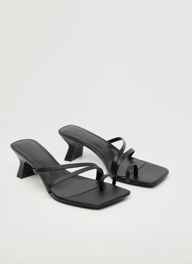 MANGO Black Straps Heel Leather Sandals, Women's Fashion, Footwear