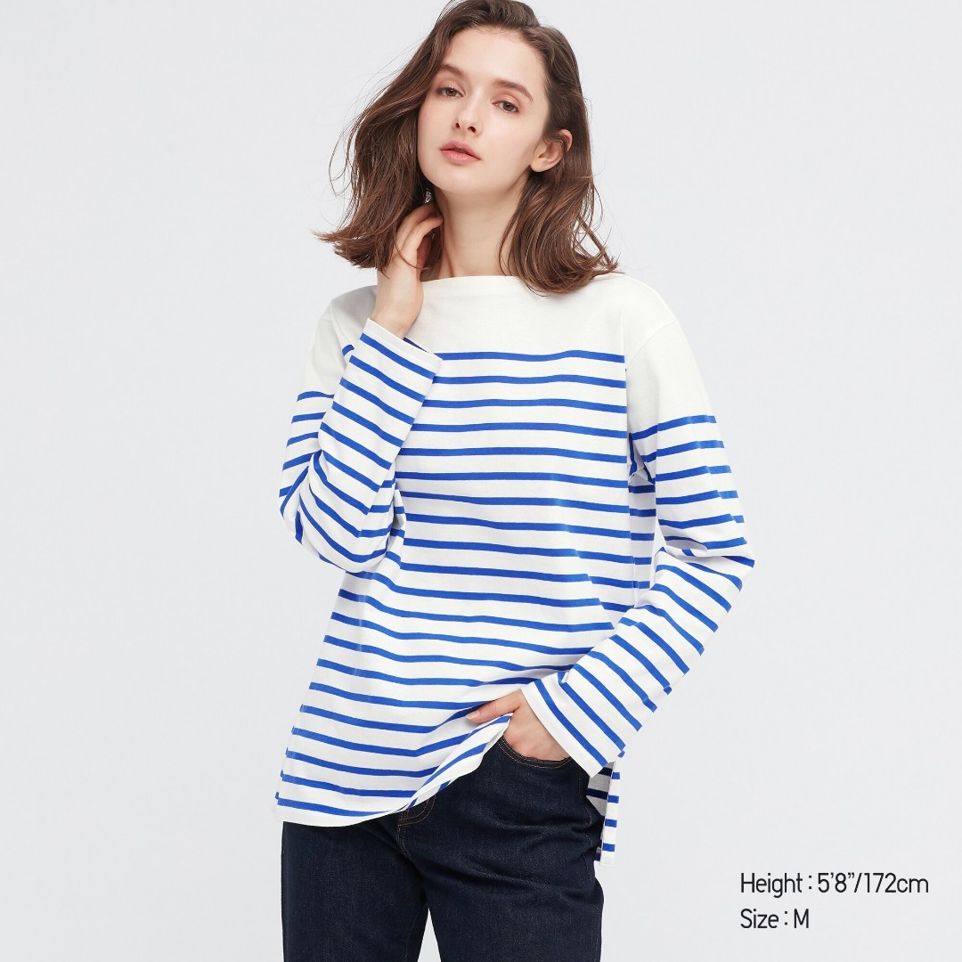 Ori Uniqlo XL Oversized shirt stripe blouse viral boatneck top, Women's ...